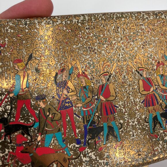 Vintage Volupte Gold Tone Enameled Hunting Scene Cigarette Case, Made in USA - Picture 2 of 10